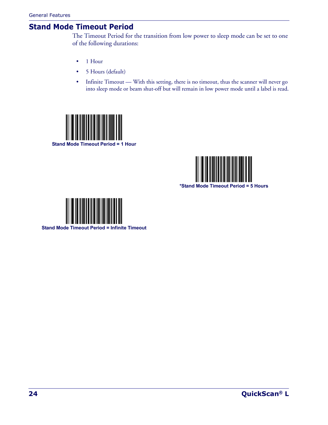 Datalogic Scanning QD 2300 manual Stand Mode Timeout Period, Hour Hours default 