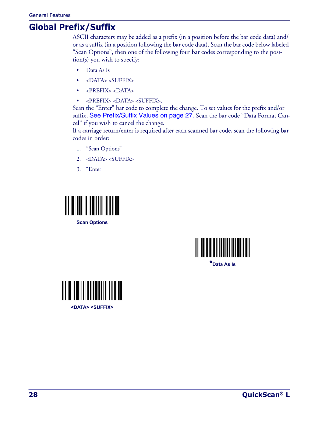 Datalogic Scanning QD 2300 manual Global Prefix/Suffix 