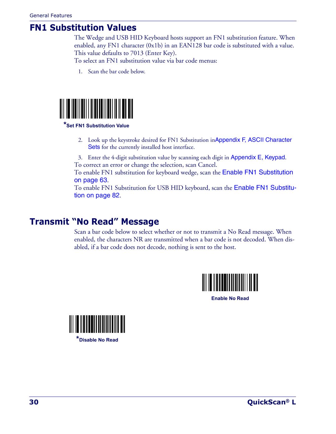 Datalogic Scanning QD 2300 manual FN1 Substitution Values, Transmit No Read Message 