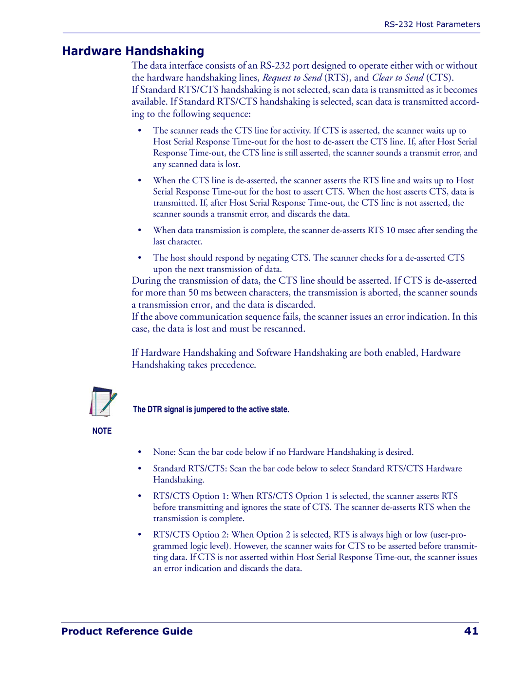 Datalogic Scanning QD 2300 manual Hardware Handshaking, DTR signal is jumpered to the active state 