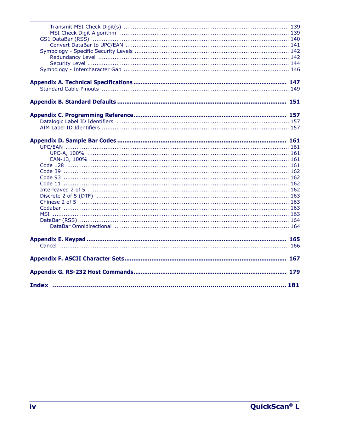 Datalogic Scanning QD 2300 manual 147, 151, 157, 161, 165, 167, 179, 181 