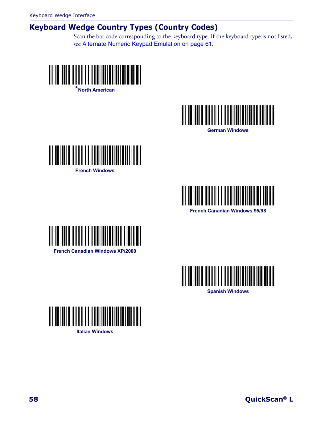 Datalogic Scanning QD 2300 manual Keyboard Wedge Country Types Country Codes 