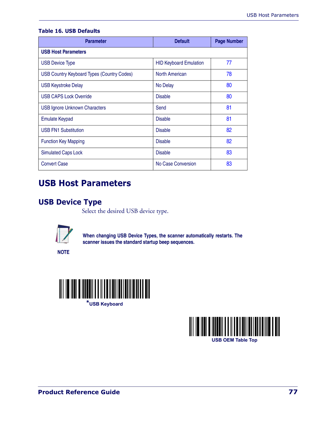 Datalogic Scanning QD 2300 manual USB Host Parameters, USB Device Type, USB Defaults 