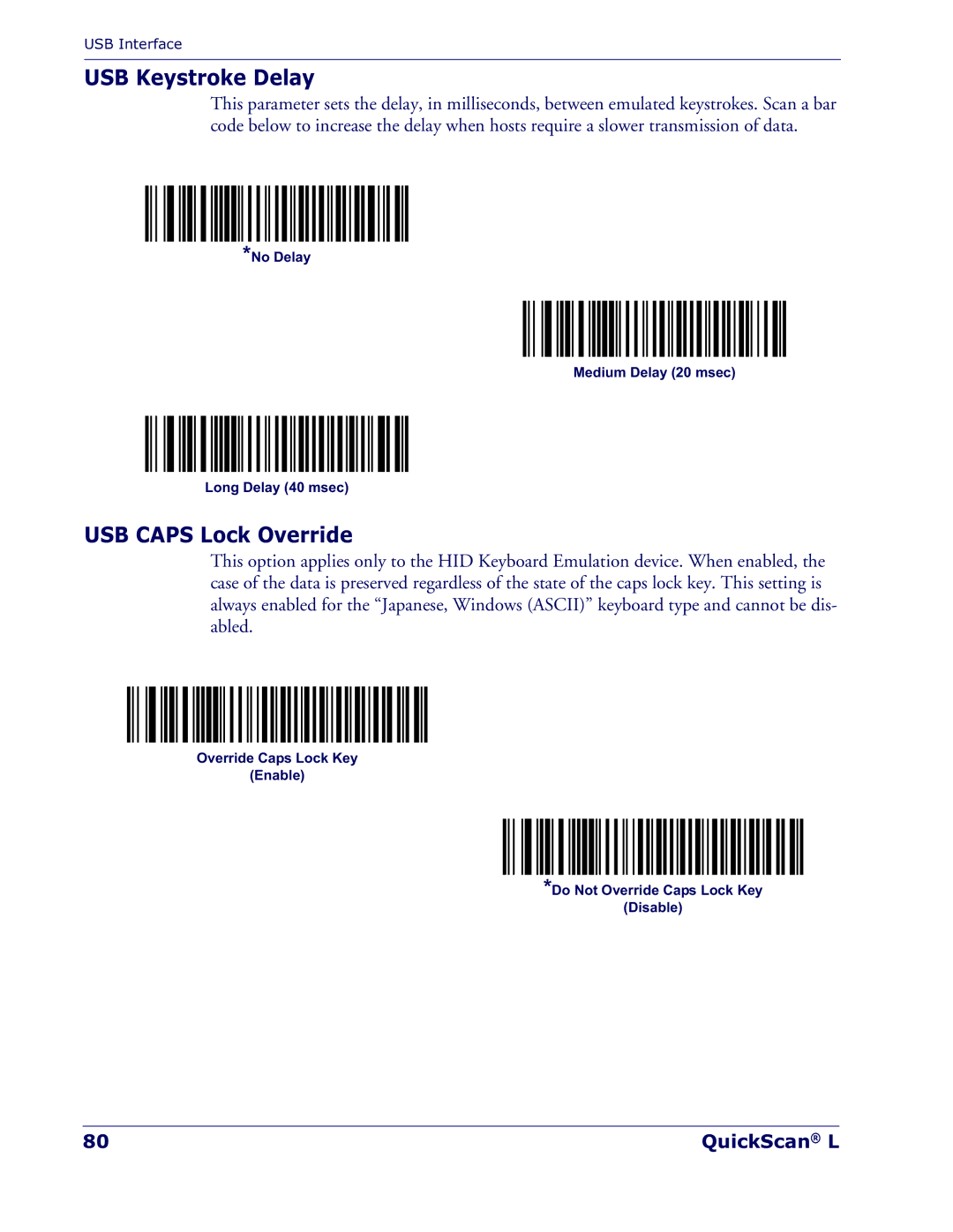 Datalogic Scanning QD 2300 manual USB Keystroke Delay, USB Caps Lock Override 