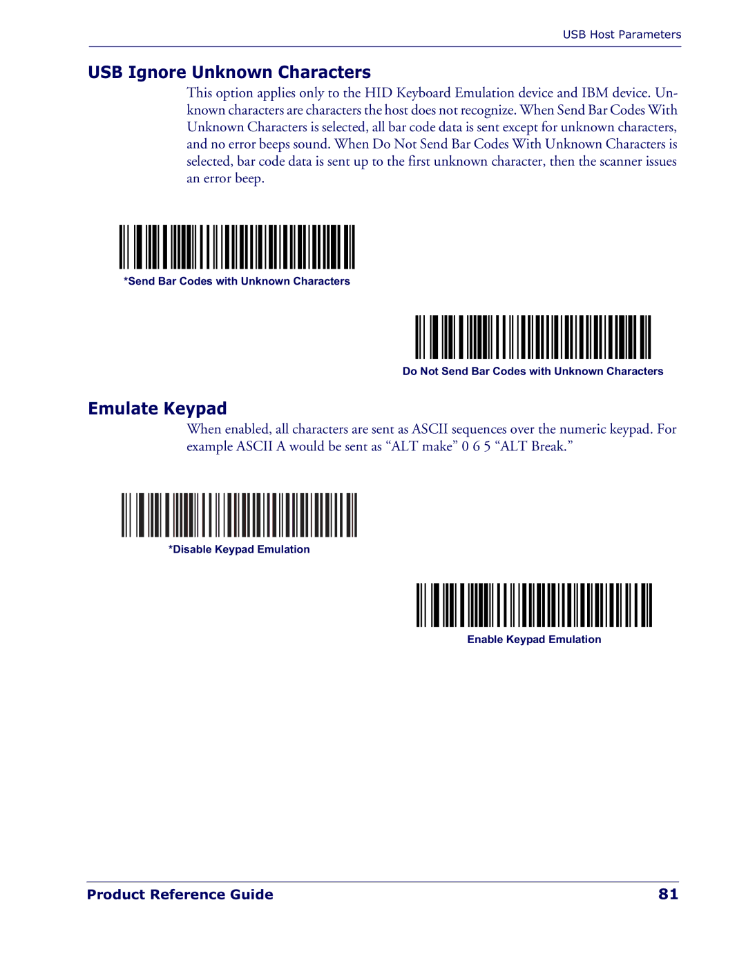 Datalogic Scanning QD 2300 manual USB Ignore Unknown Characters, Emulate Keypad 