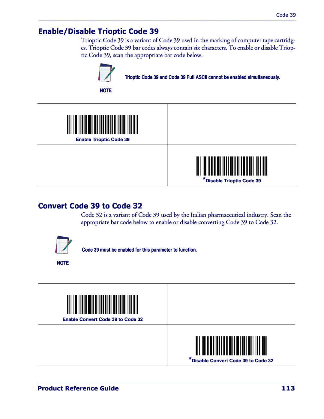 Datalogic Scanning QD 2300 manual Enable/Disable Trioptic Code, Convert Code 39 to Code 