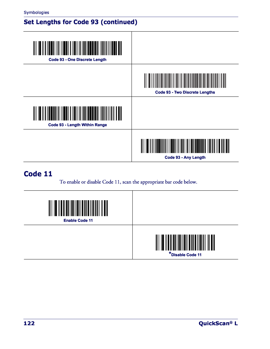 Datalogic Scanning QD 2300 manual Set Lengths for Code 93 continued, QuickScan L, Enable Code Disable Code 
