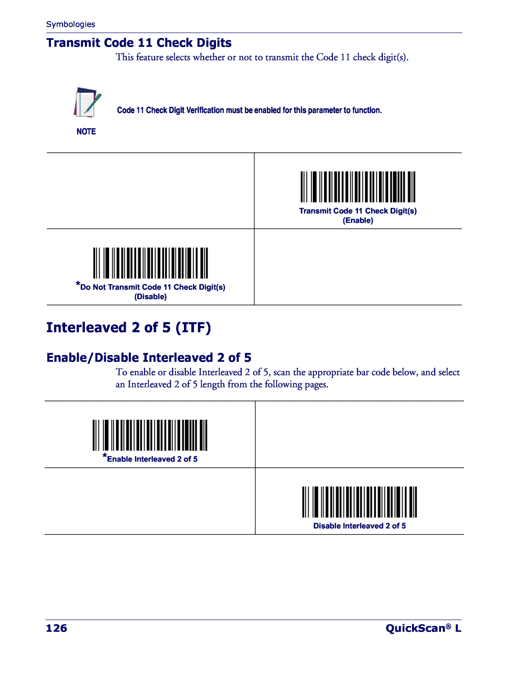 Datalogic Scanning QD 2300 manual Interleaved 2 of 5 ITF, Transmit Code 11 Check Digits, Enable/Disable Interleaved 2 of 