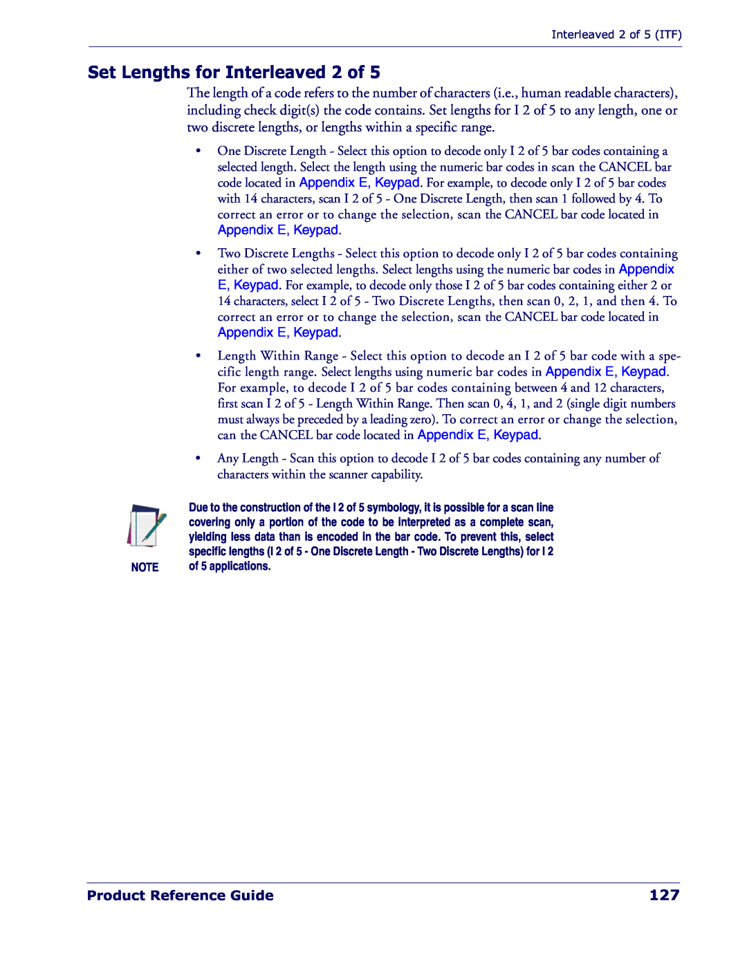Datalogic Scanning QD 2300 manual Set Lengths for Interleaved 2 of, Appendix E, Keypad, Product Reference Guide 