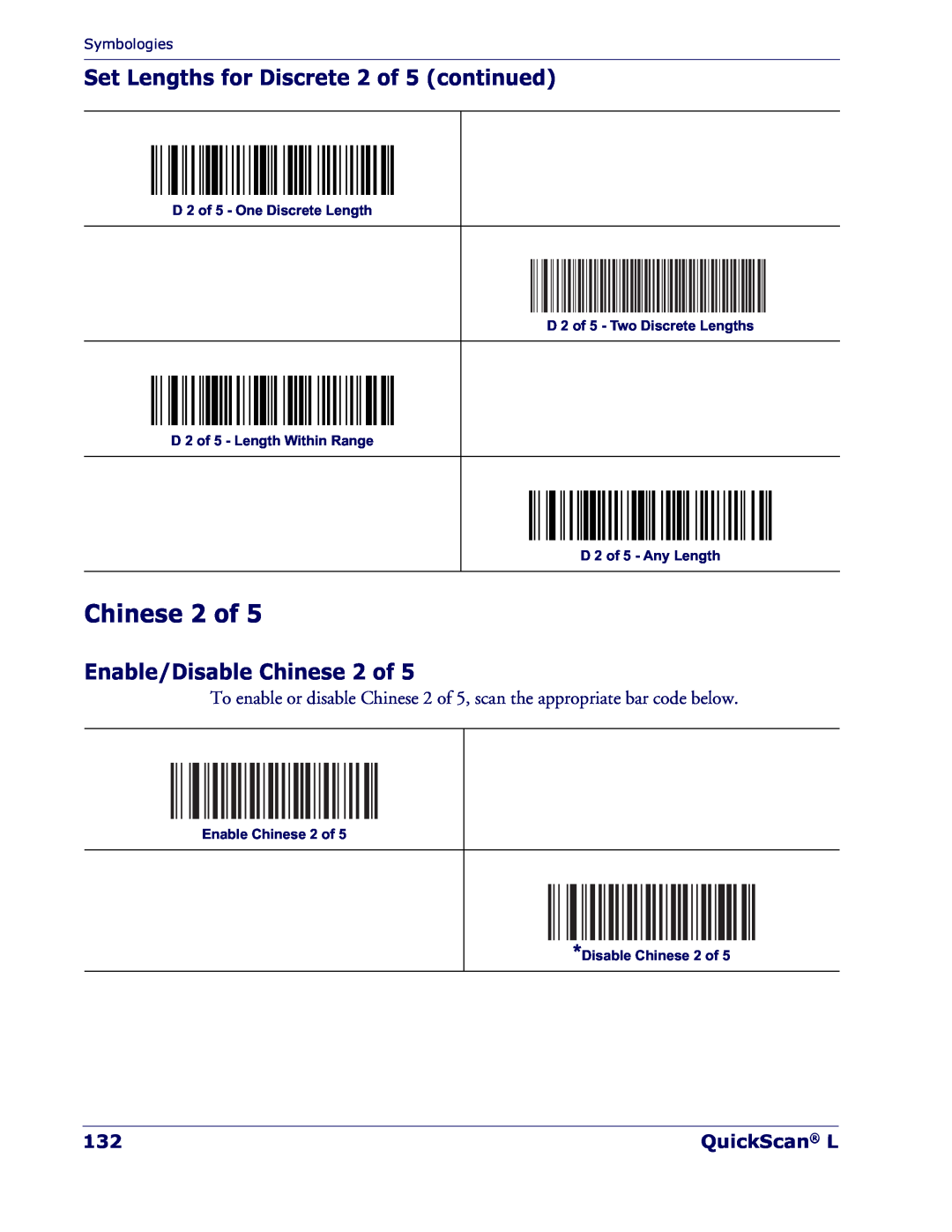 Datalogic Scanning QD 2300 manual Set Lengths for Discrete 2 of 5 continued, Enable/Disable Chinese 2 of, QuickScan L 