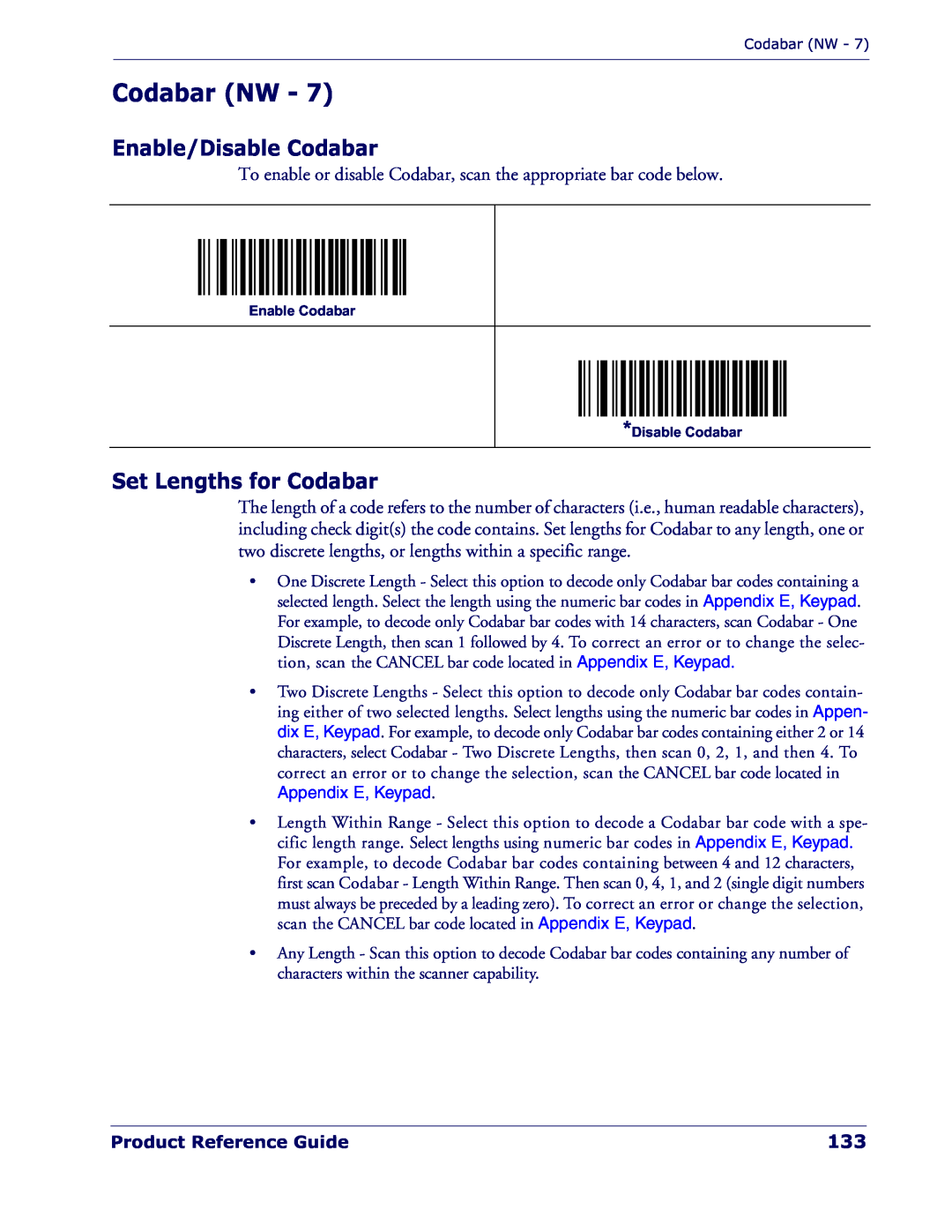 Datalogic Scanning QD 2300 manual Codabar NW, Enable/Disable Codabar, Set Lengths for Codabar, Appendix E, Keypad 
