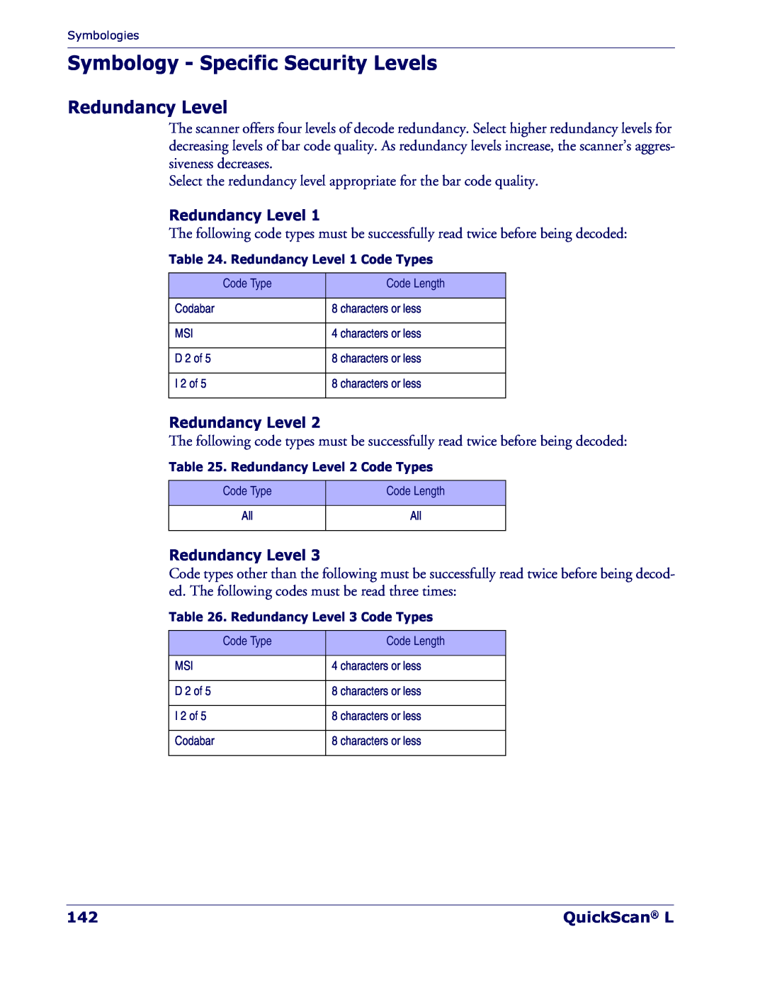 Datalogic Scanning QD 2300 manual Symbology - Specific Security Levels, Redundancy Level, QuickScan L 