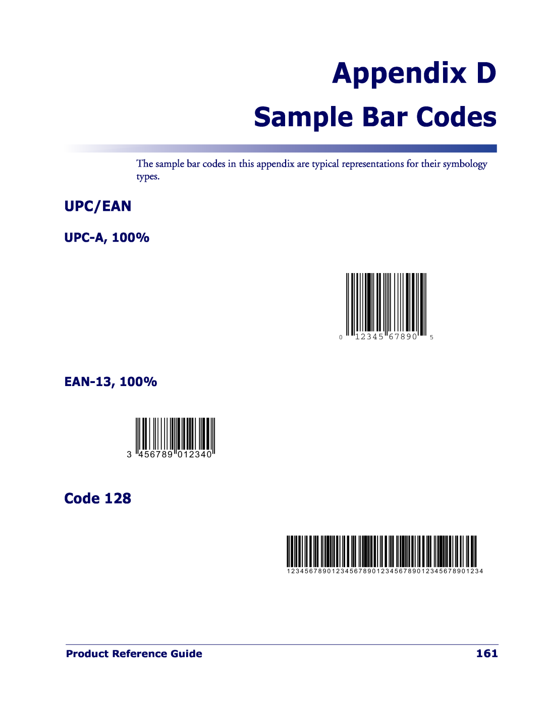 Datalogic Scanning QD 2300 manual Appendix D, Sample Bar Codes, UPC-A, 100%, EAN-13, 100%, Upc/Ean, Product Reference Guide 