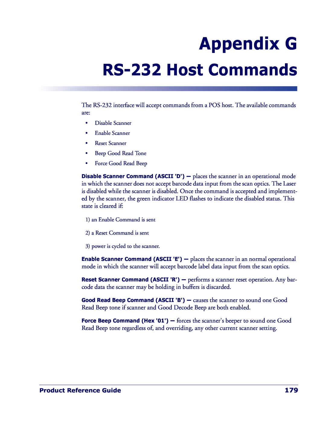 Datalogic Scanning QD 2300 manual Appendix G, RS-232 Host Commands 