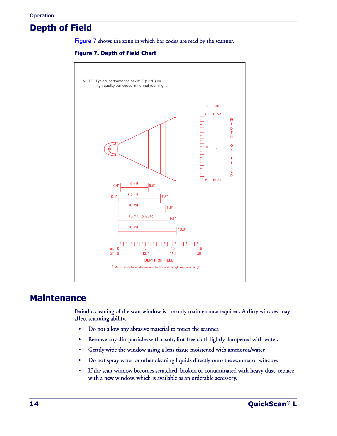 Datalogic Scanning QD 2300 manual Depth of Field, Maintenance, QuickScan L 