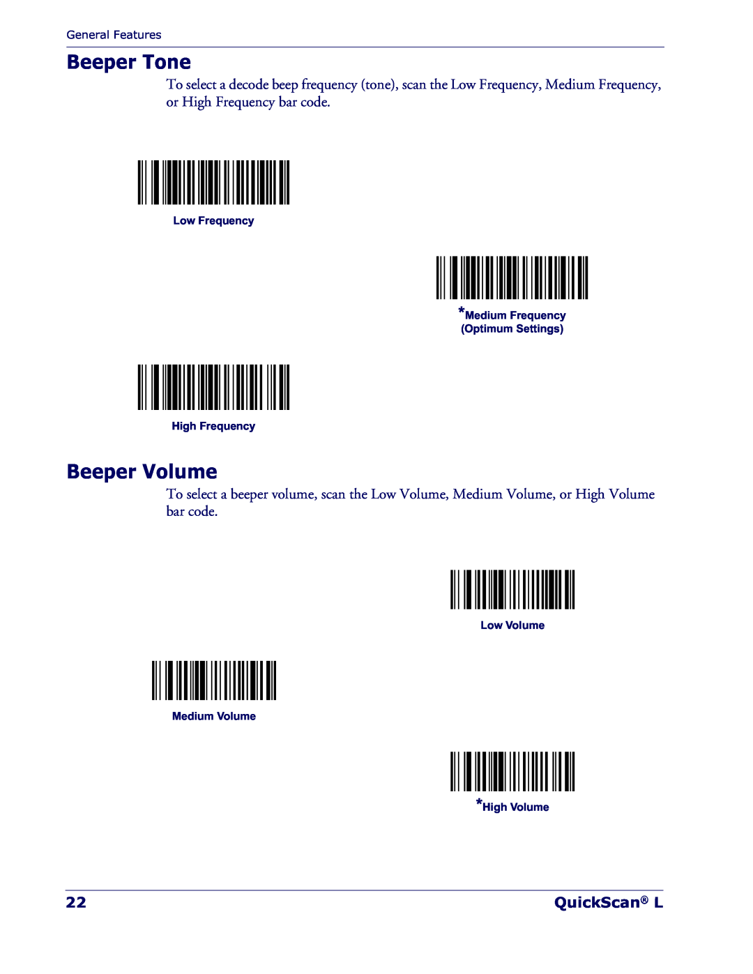 Datalogic Scanning QD 2300 manual Beeper Tone, Beeper Volume, QuickScan L, Low Volume Medium Volume High Volume 