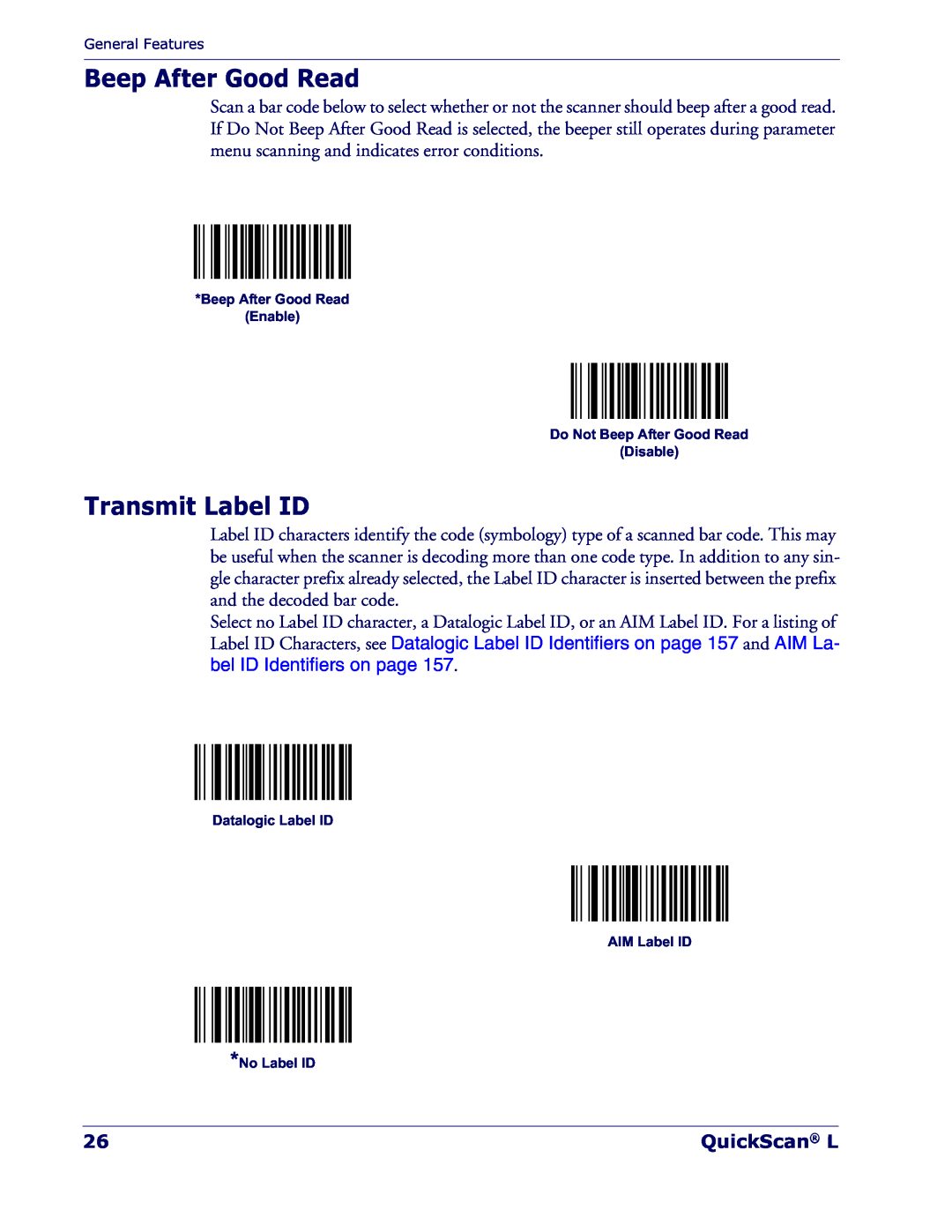 Datalogic Scanning QD 2300 manual Beep After Good Read, Transmit Label ID, QuickScan L 