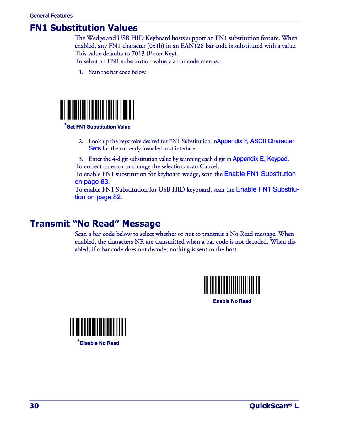 Datalogic Scanning QD 2300 manual FN1 Substitution Values, Transmit “No Read” Message, QuickScan L 