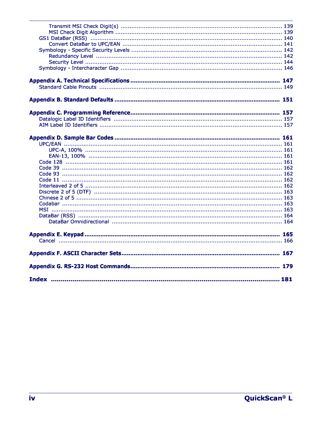 Datalogic Scanning QD 2300 manual QuickScan L, Appendix A. Technical Specifications, Appendix B. Standard Defaults, Index 