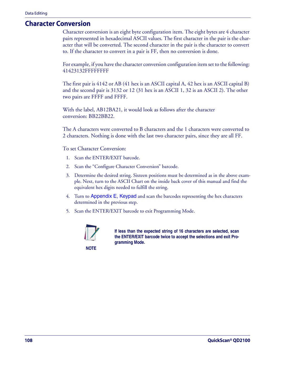 Datalogic Scanning QD2100 manual Character Conversion 