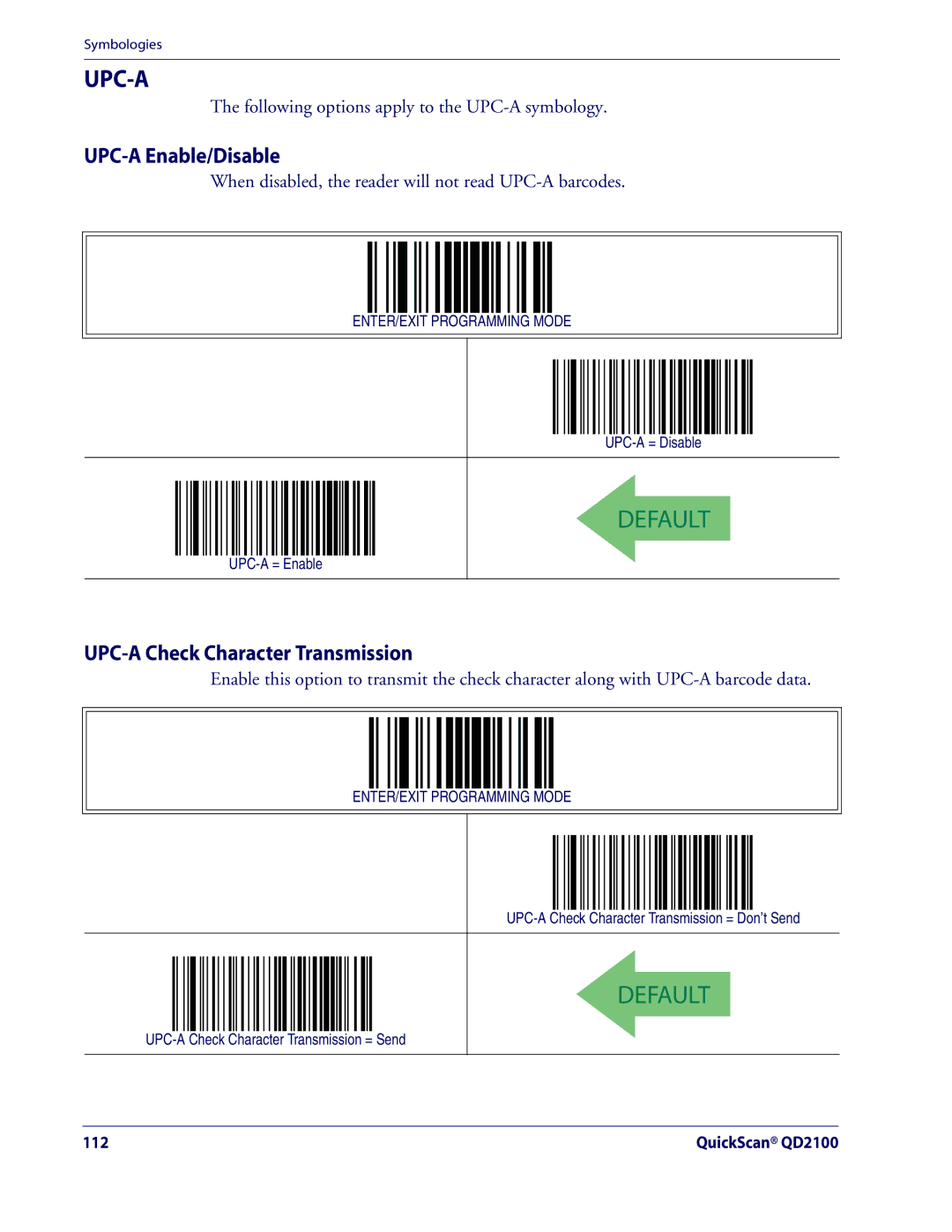 Datalogic Scanning QD2100 manual UPC-A Enable/Disable, UPC-A Check Character Transmission 