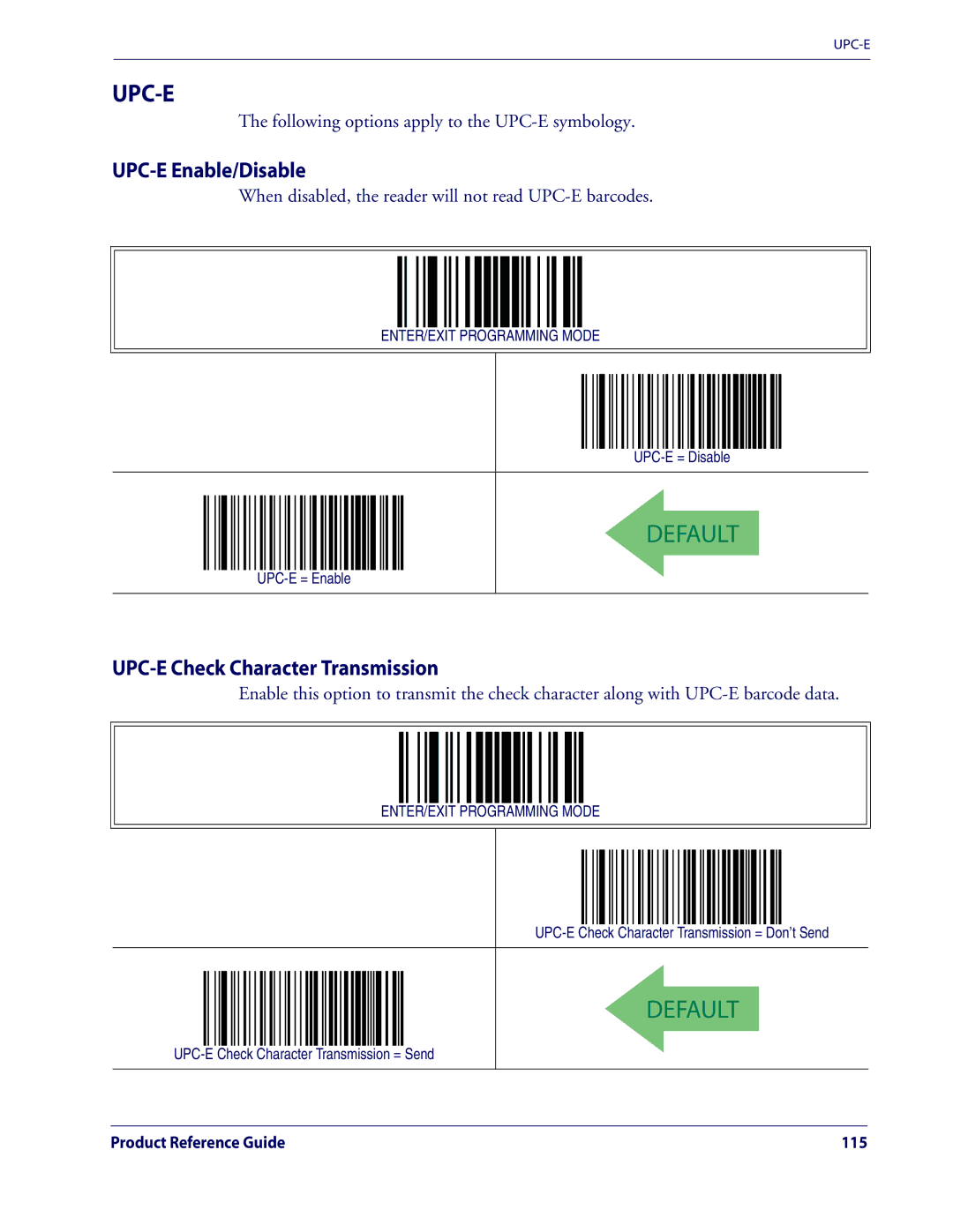 Datalogic Scanning QD2100 manual UPC-E Enable/Disable, UPC-E Check Character Transmission 