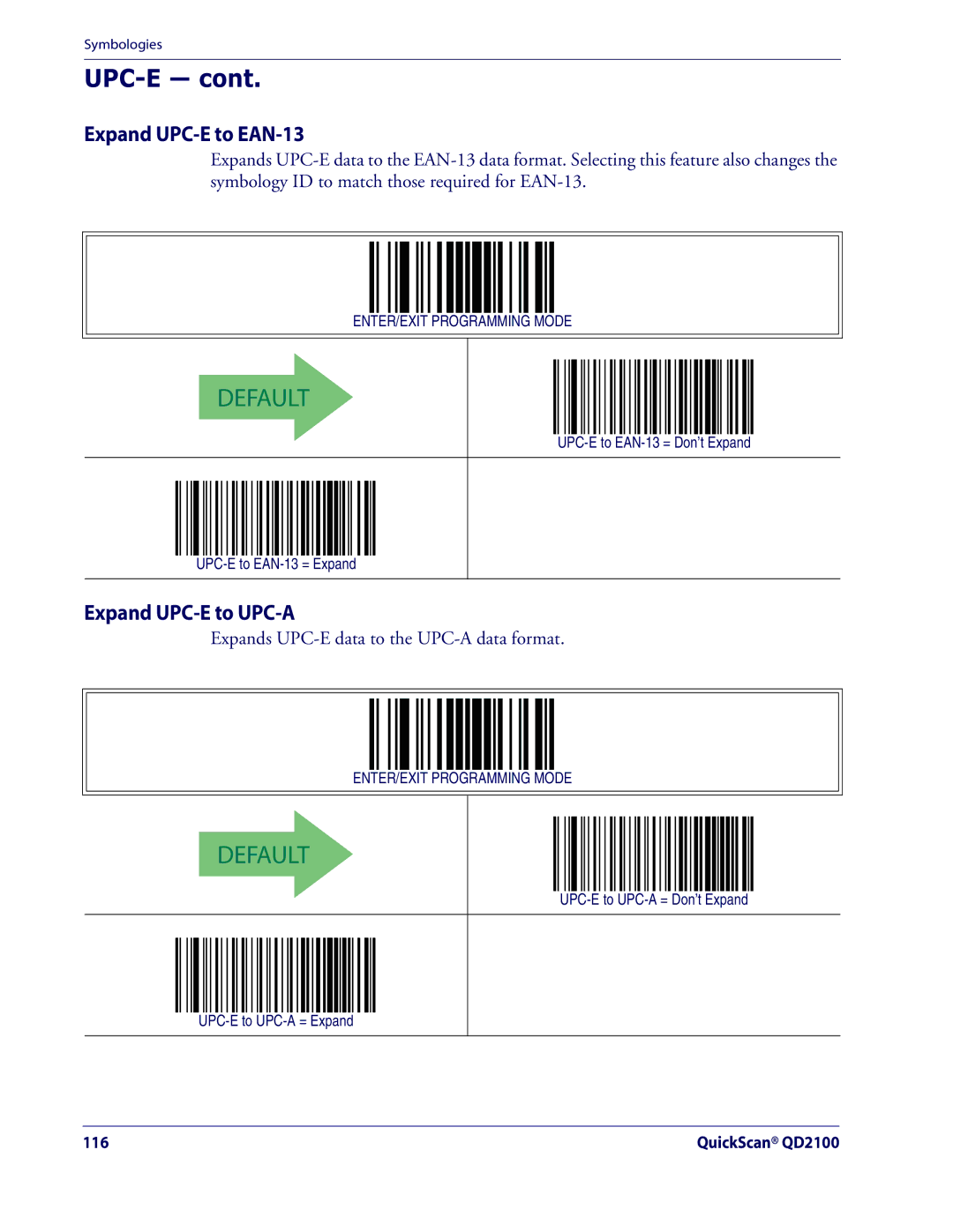 Datalogic Scanning QD2100 manual Upc-E, Expand UPC-E to EAN-13, Expand UPC-E to UPC-A 