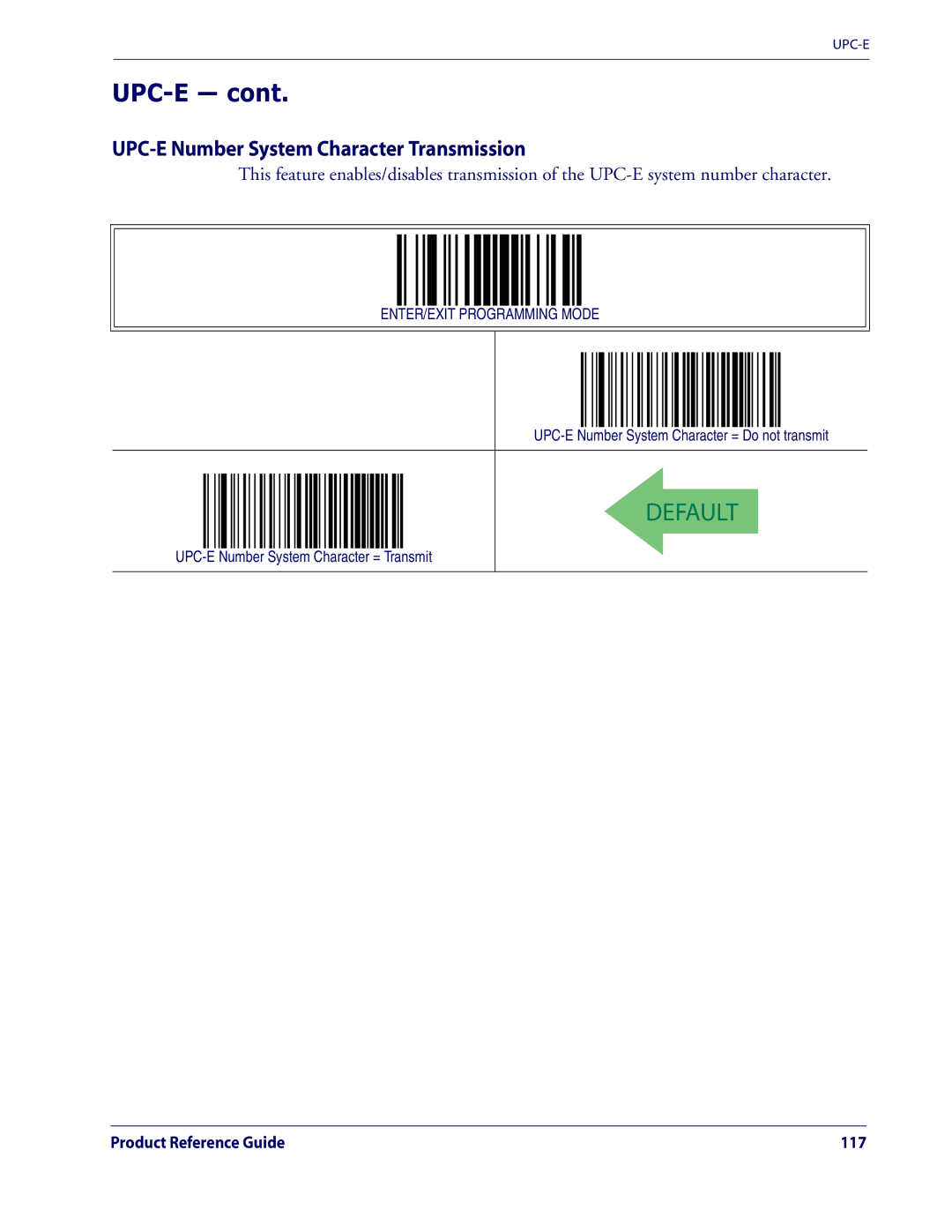 Datalogic Scanning QD2100 UPC-E Number System Character Transmission, UPC-E Number System Character = Do not transmit 