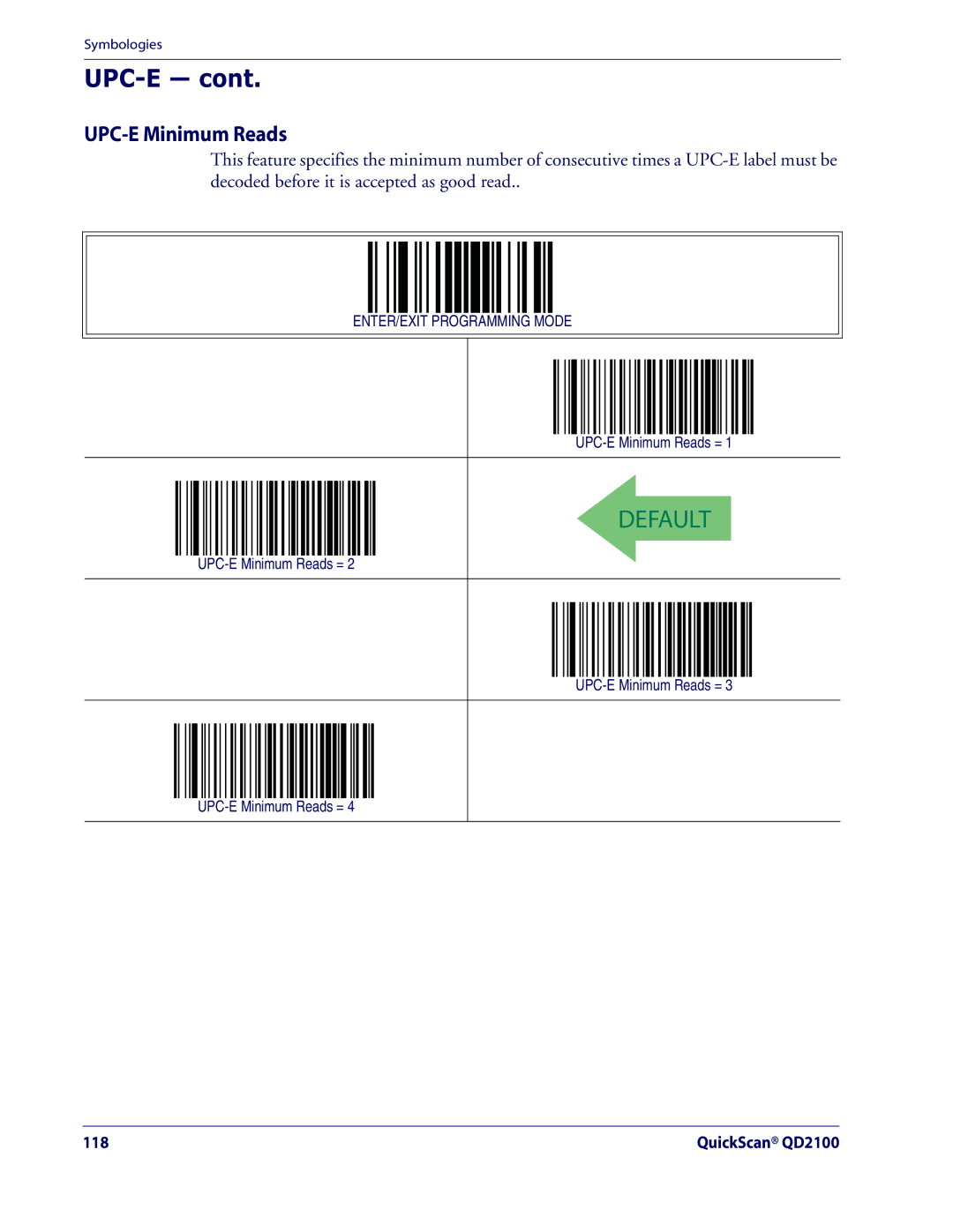 Datalogic Scanning QD2100 manual UPC-E Minimum Reads = 