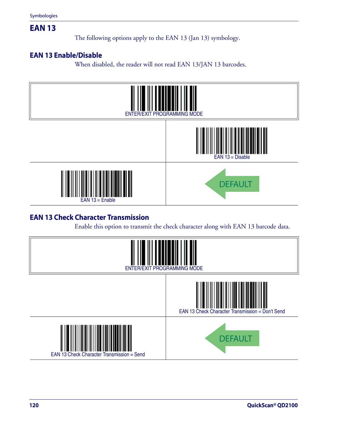 Datalogic Scanning QD2100 manual Ean, EAN 13 Enable/Disable, EAN 13 Check Character Transmission 