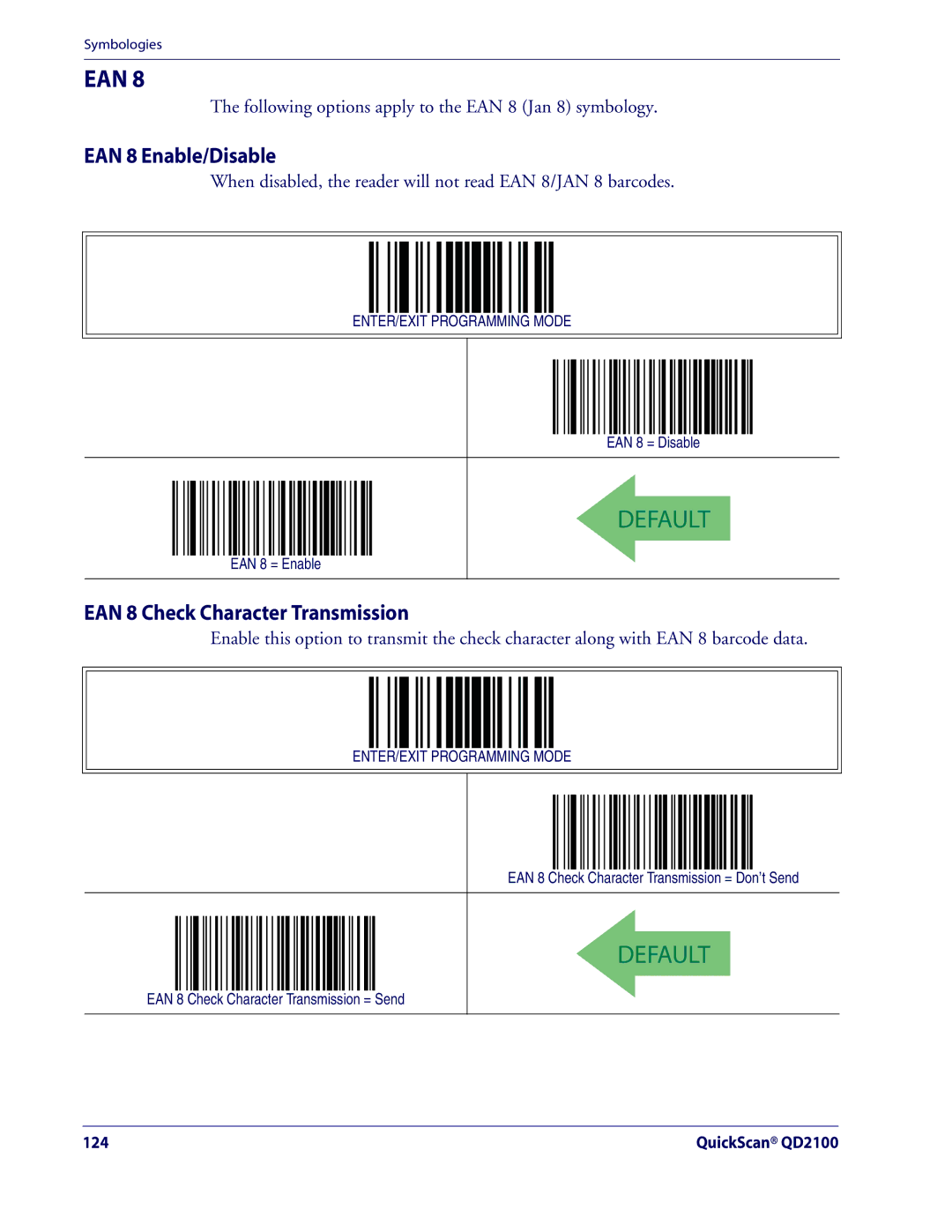 Datalogic Scanning QD2100 manual EAN 8 Enable/Disable, EAN 8 Check Character Transmission 