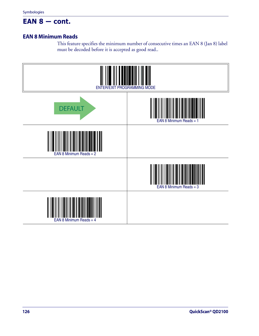 Datalogic Scanning QD2100 manual EAN 8 Minimum Reads = 