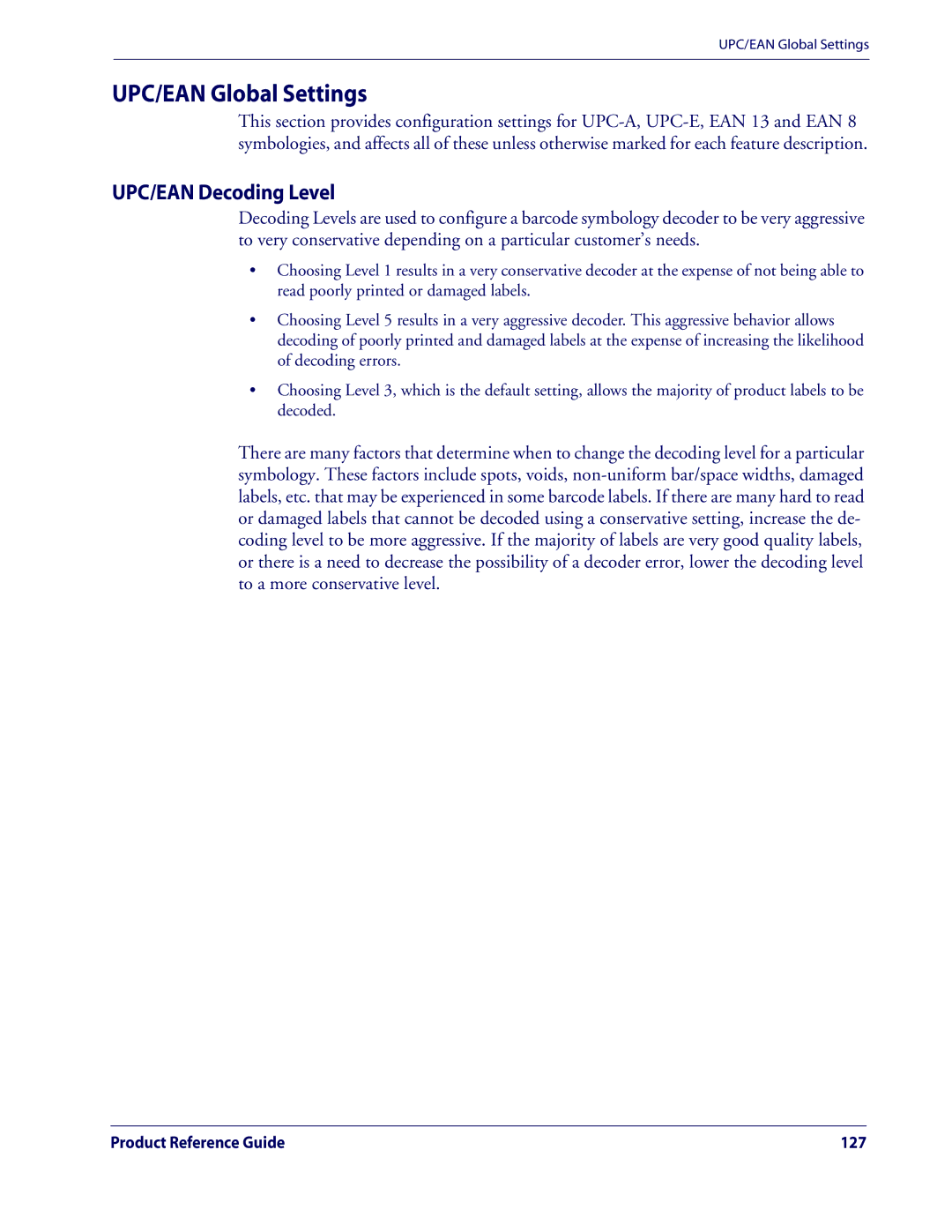Datalogic Scanning QD2100 manual UPC/EAN Global Settings, UPC/EAN Decoding Level 