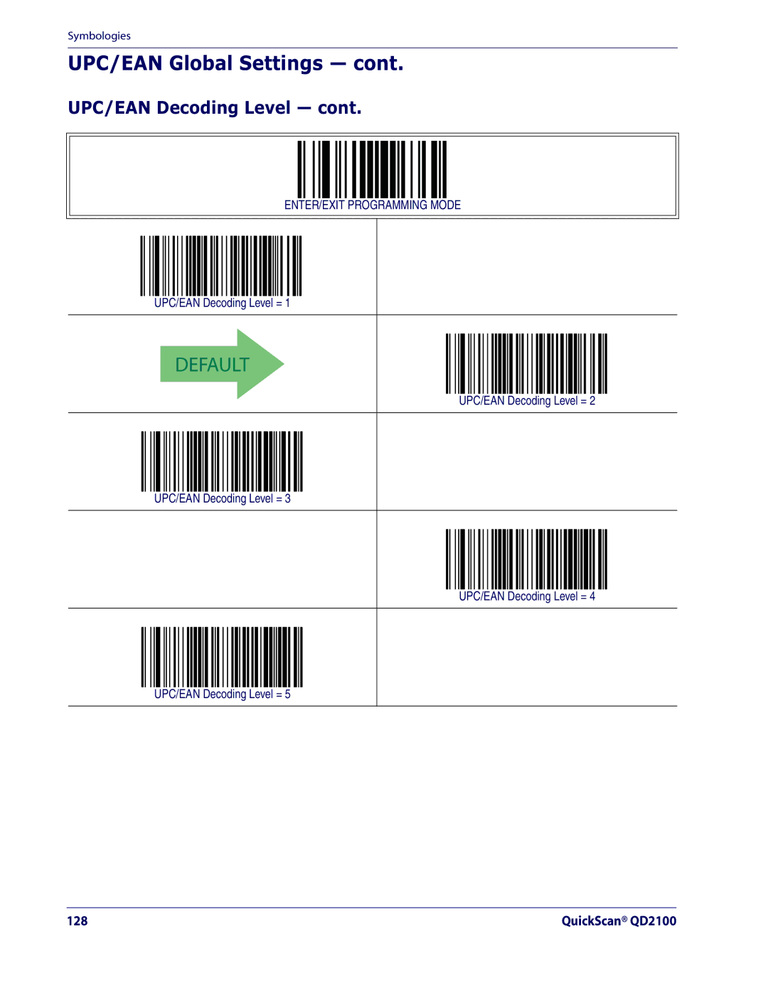 Datalogic Scanning QD2100 manual UPC/EAN Global Settings, UPC/EAN Decoding Level = 