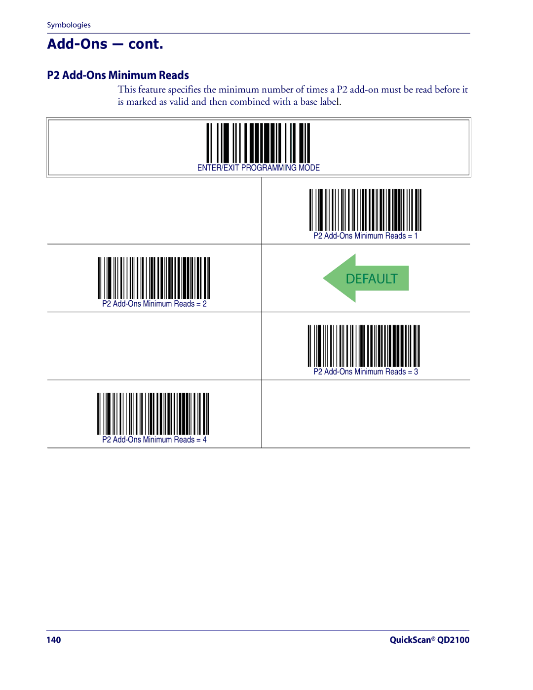 Datalogic Scanning QD2100 manual P2 Add-Ons Minimum Reads = 