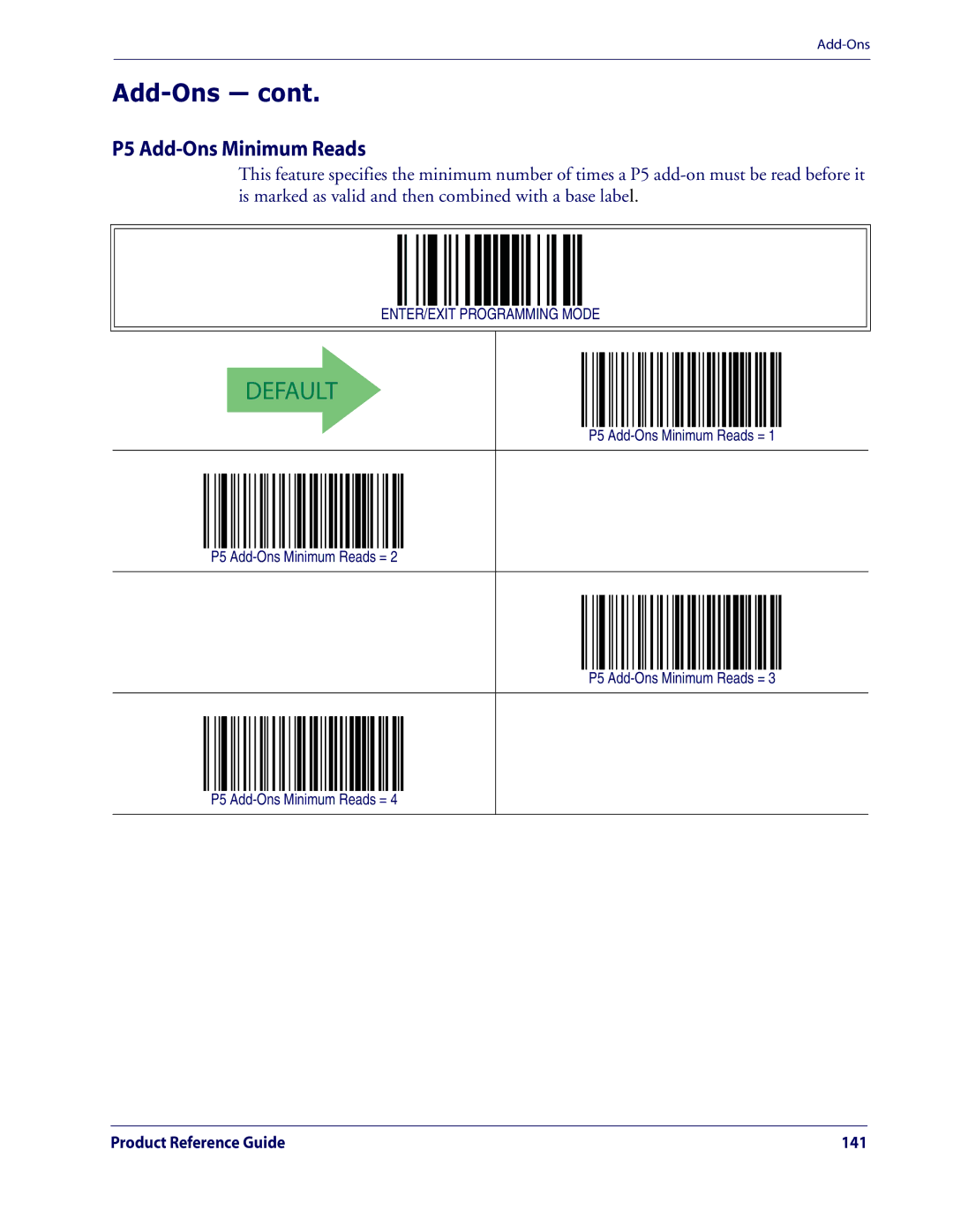 Datalogic Scanning QD2100 manual P5 Add-Ons Minimum Reads = 