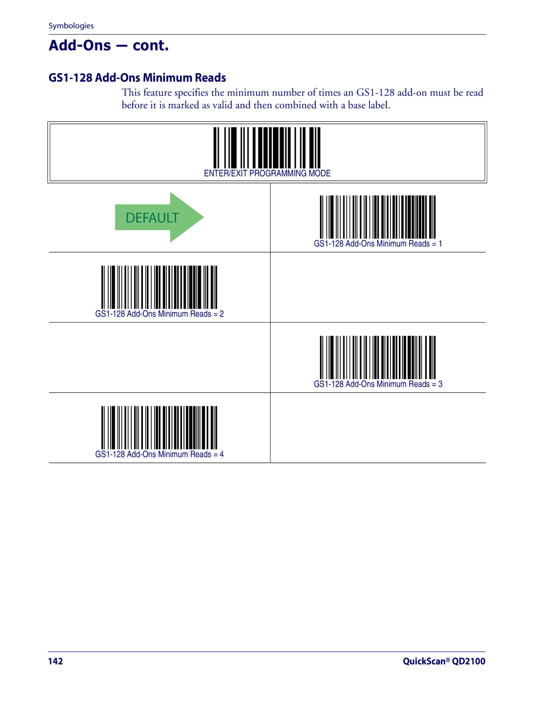 Datalogic Scanning QD2100 manual GS1-128 Add-Ons Minimum Reads = 