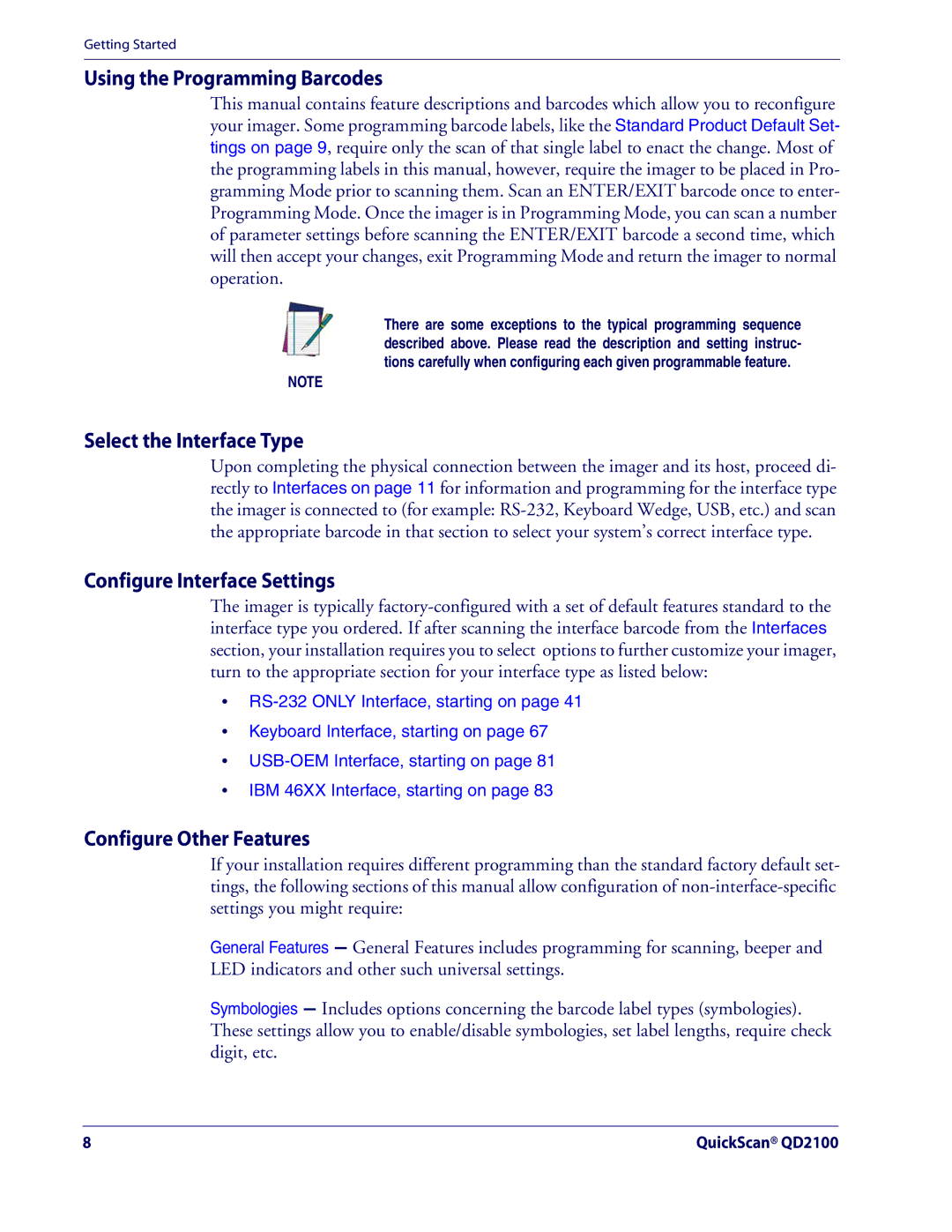Datalogic Scanning QD2100 manual Using the Programming Barcodes, Select the Interface Type, Configure Interface Settings 