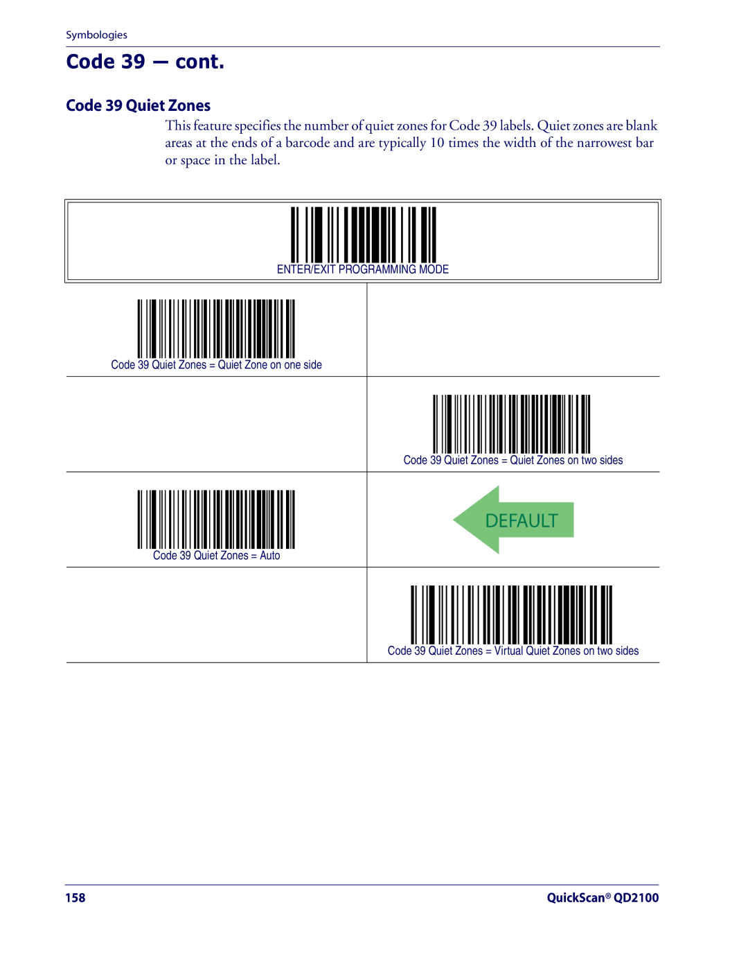 Datalogic Scanning QD2100 manual Code 39 Quiet Zones 