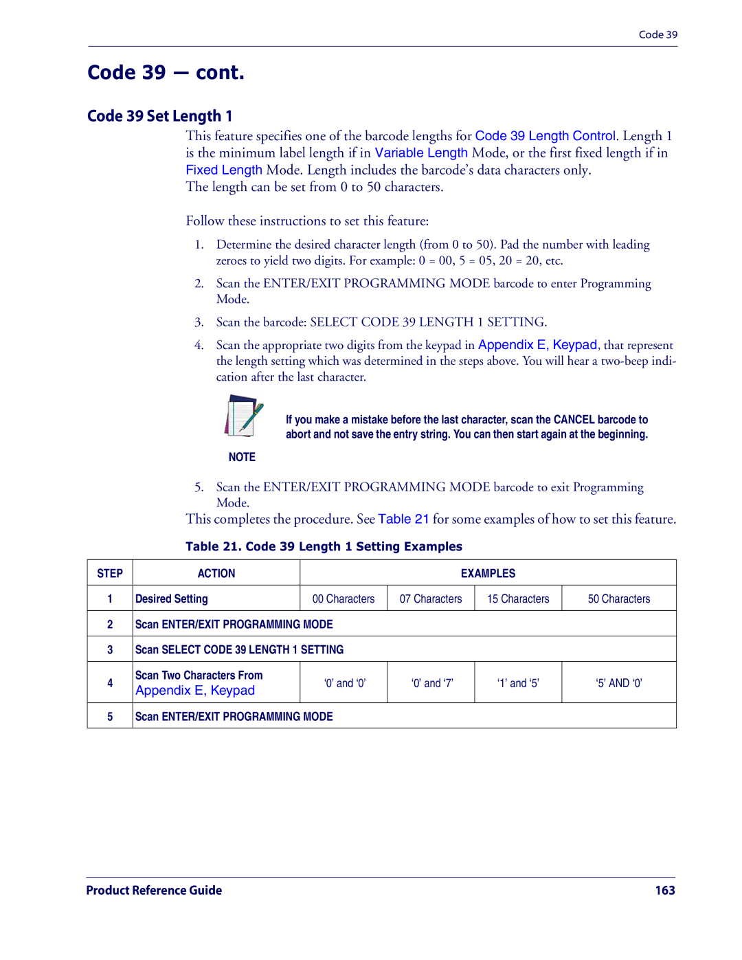 Datalogic Scanning QD2100 manual Code 39 Set Length, Code 39 Length 1 Setting Examples 