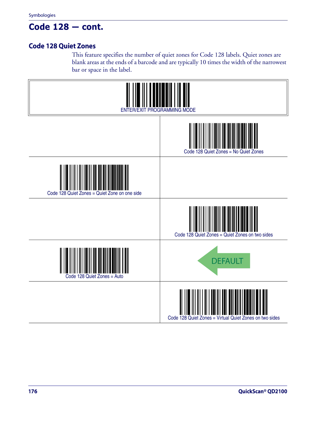 Datalogic Scanning QD2100 manual Code 128 Quiet Zones 