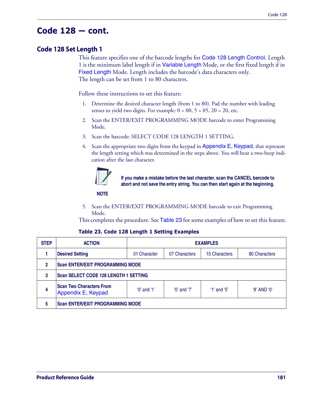 Datalogic Scanning QD2100 manual Code 128 Set Length, Code 128 Length 1 Setting Examples 