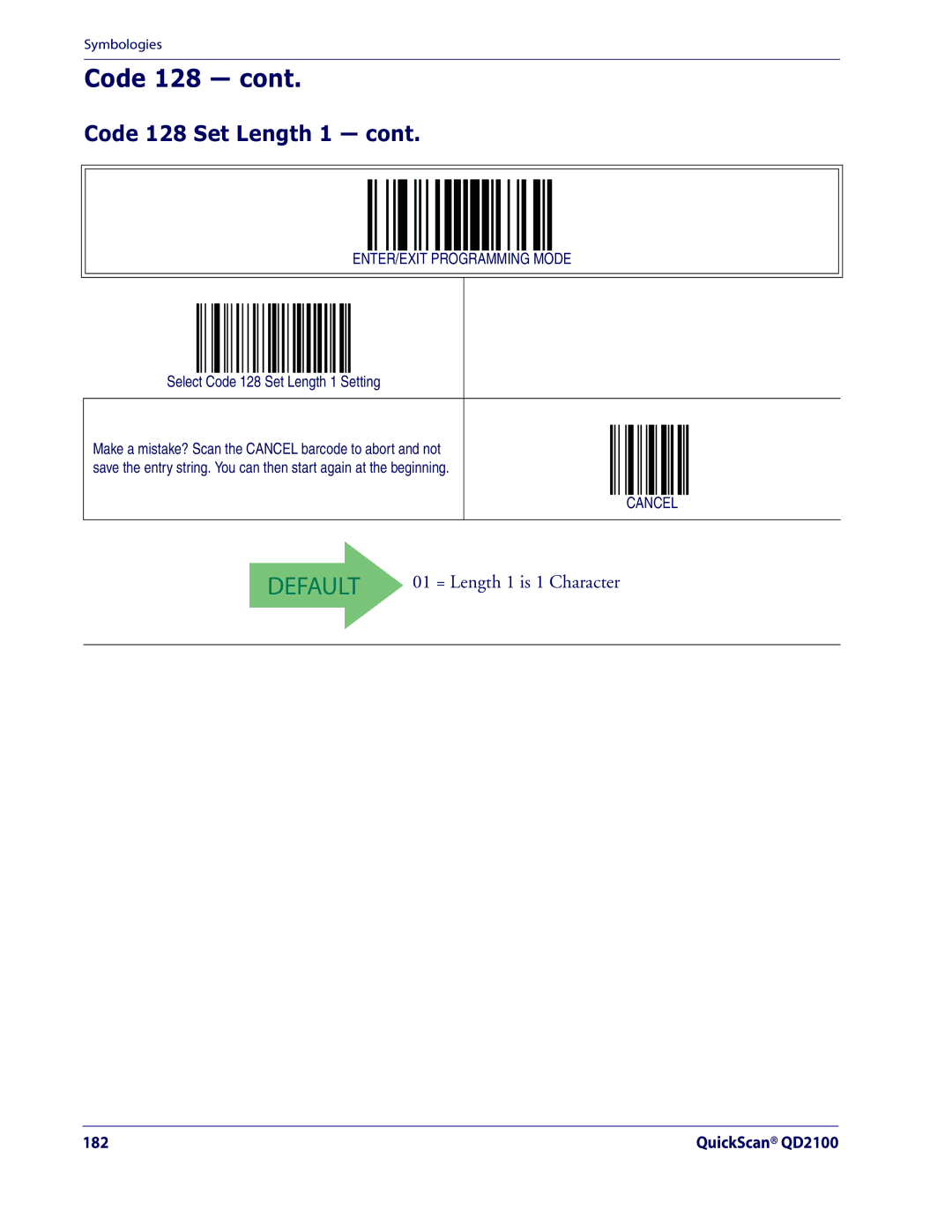 Datalogic Scanning QD2100 manual Select Code 128 Set Length 1 Setting 