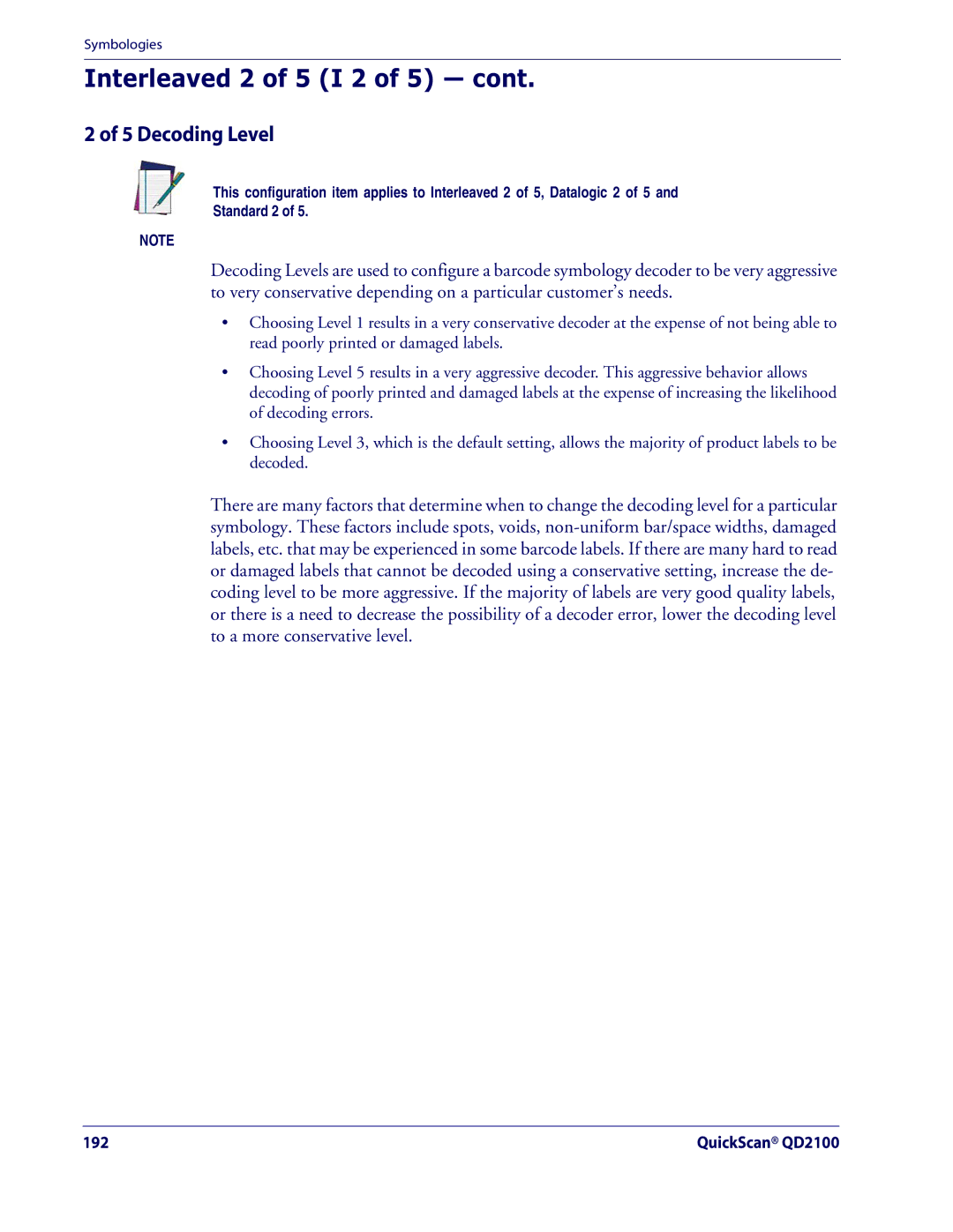 Datalogic Scanning QD2100 manual Decoding Level 