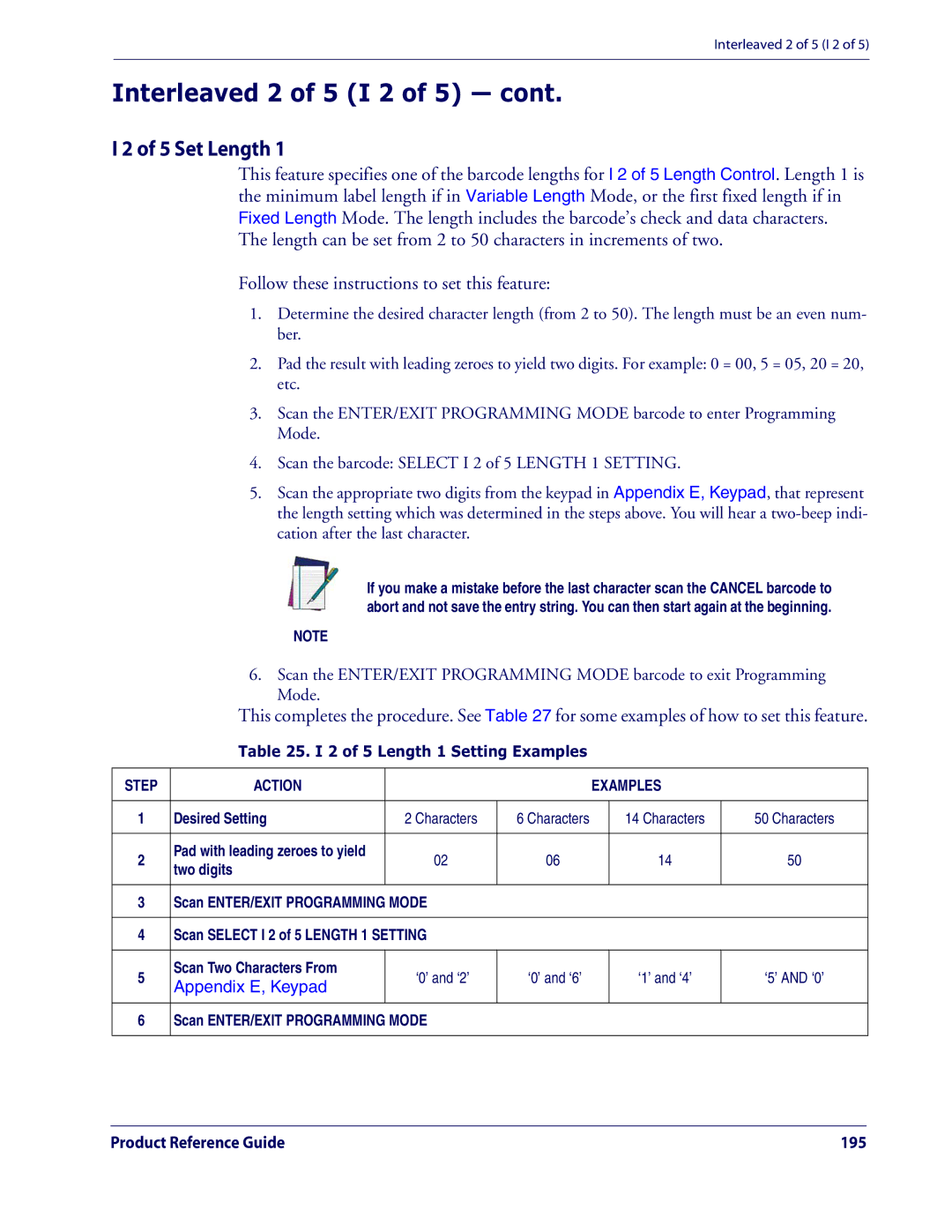 Datalogic Scanning QD2100 manual Set Length, 2 of 5 Length 1 Setting Examples 