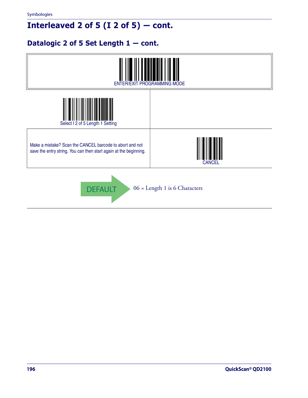 Datalogic Scanning QD2100 manual Datalogic 2 of 5 Set Length 1, Select I 2 of 5 Length 1 Setting 