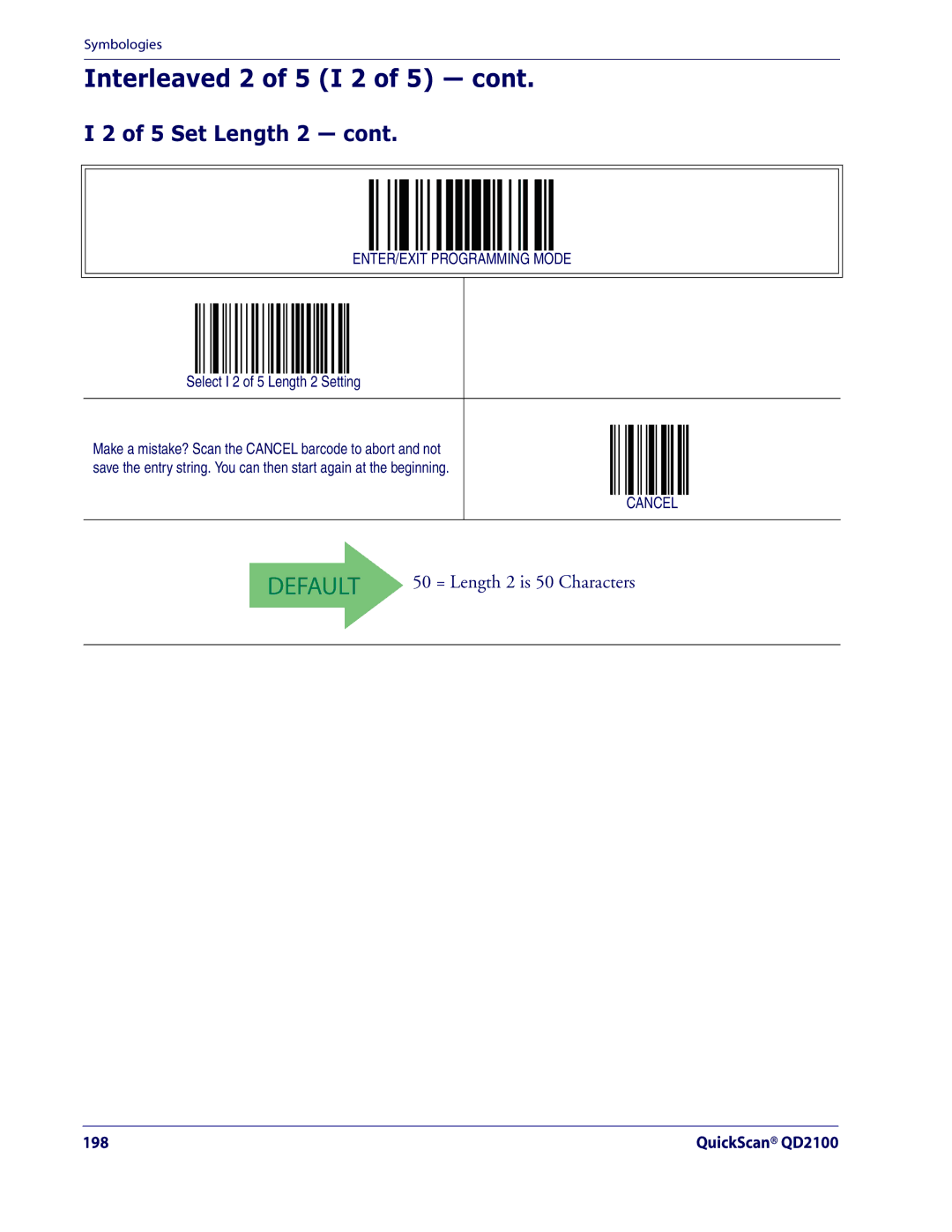 Datalogic Scanning QD2100 manual Set Length 2, Select I 2 of 5 Length 2 Setting 