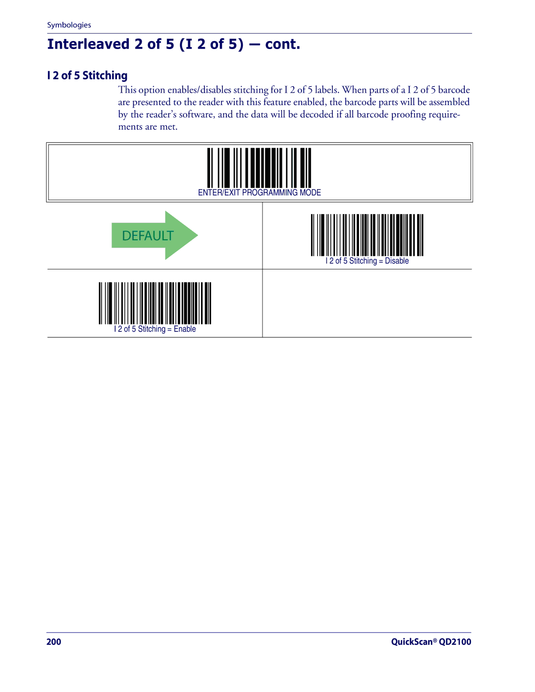 Datalogic Scanning QD2100 manual Stitching = Disable 5 Stitching = Enable 