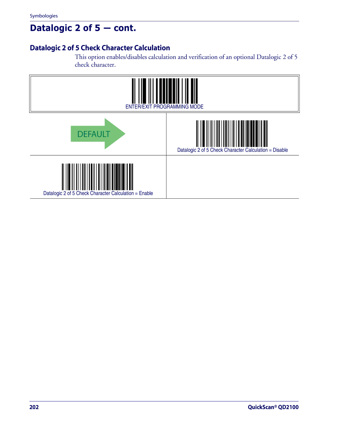 Datalogic Scanning QD2100 manual Datalogic 2 of 5 Check Character Calculation 