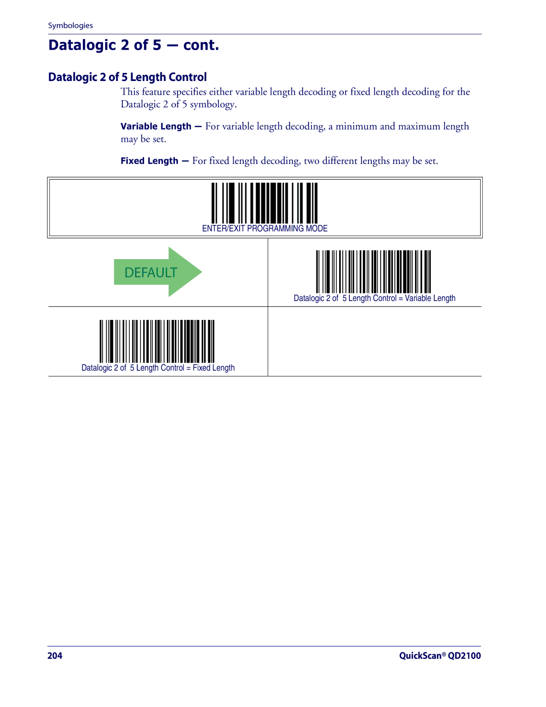 Datalogic Scanning QD2100 manual Datalogic 2 of 5 Length Control 